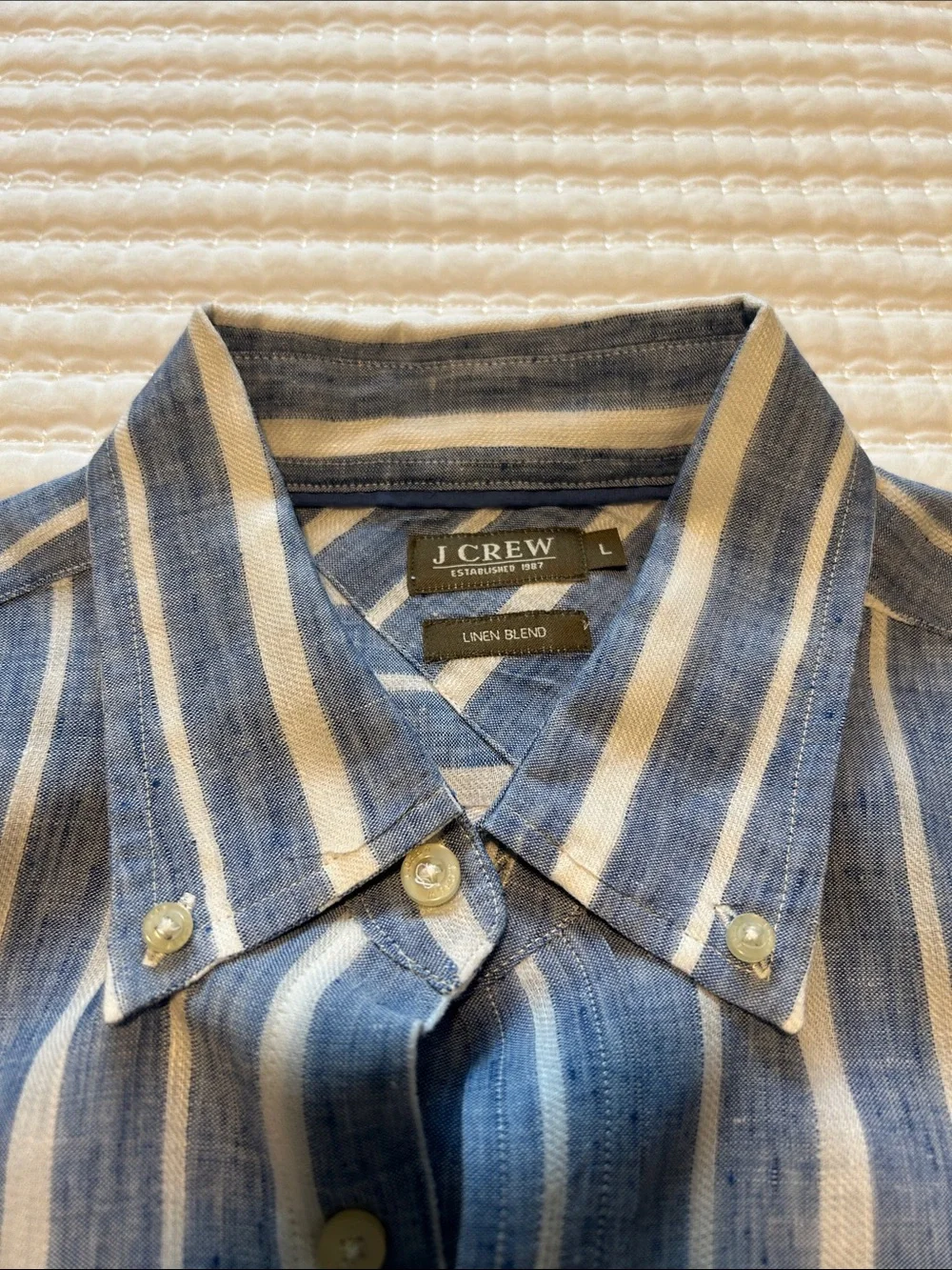 Men’s J. Crew Navy and White Vertical Stripe Button-Down Shirt Linen Blend L